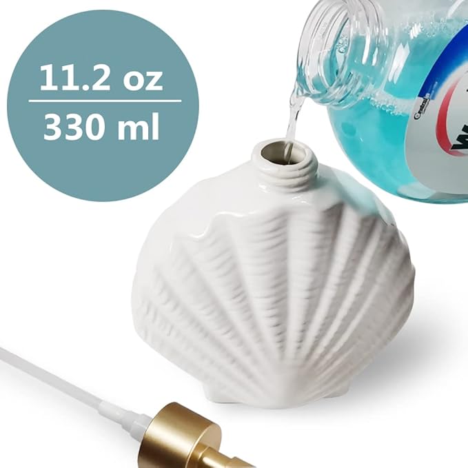 Shell-Shaped Soap Dispenser White Ceramic Lotion Bottle with Golden Matte Pump Home Décor for Bathroom Kitchen