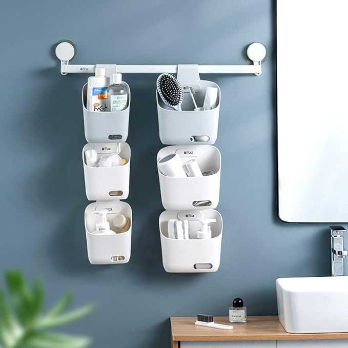 Plastic Hanging Basket Kitchen Storage organizer, Basket with Detachable hook, Hang it behind a door or on a railing, Over the Cabinet Door (Grey, Large-2 Pack)