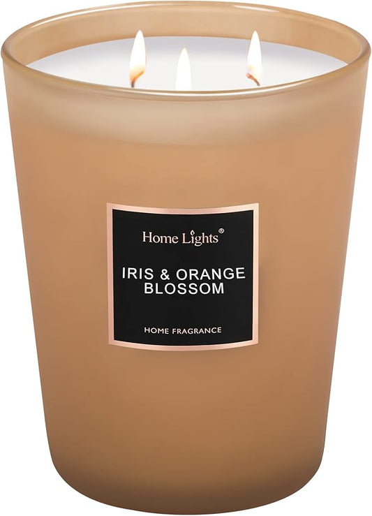 HomeLights Scented Candles | Large Jar Candle-33.3 Oz. Natural Soy Aromatherapy Candles | Up to 130 Hours Burn Time with 3 Cotton Wicks, Home Decorative Fragrance Candle Gift - Iris & Orange Blossom