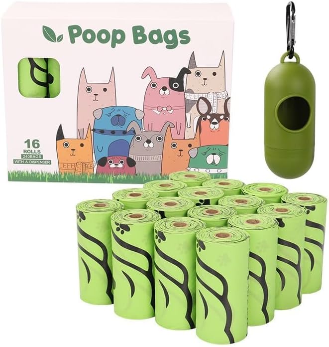 240 Dog Poop Bags | Certified Compostable| Eco-friendly Pet Waste Bags with Dispenser |16 Rolls of Plant Based, Extra-thick, leak-proof and odor-proof Bags | Good for Dogs, Cat's Litter, Kid's Diapers