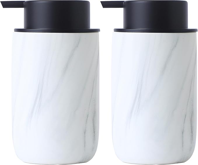 White Marble Soap Dispenser Set- Modern Ceramic Hand Soap Dispenser for Bathroom Liquid Soap for Farmhouse Kitchen Bathroom Decor 2 Pack