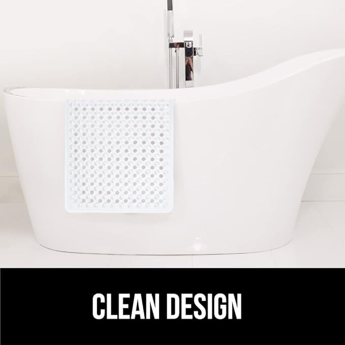 GORILLA GRIP Patented Bath Tub Shower Mat, Machine Washable Bathtub Floor Liner Mats, Suction Cups and Drain Holes to Keep Tubs Clean, Soft on Feet, Bathroom Essentials, 35x16 Inch, White