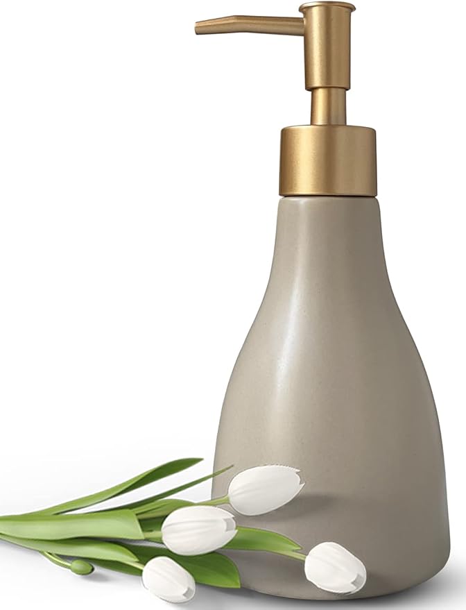 280ml Liquid Soap Dispenser for Bathroom with Gold Pump，Dish Soap Dispenser for Kitchen，Refillable Countertop Lotion Ceramics Khaki Hand Soap Dispenser for Shower