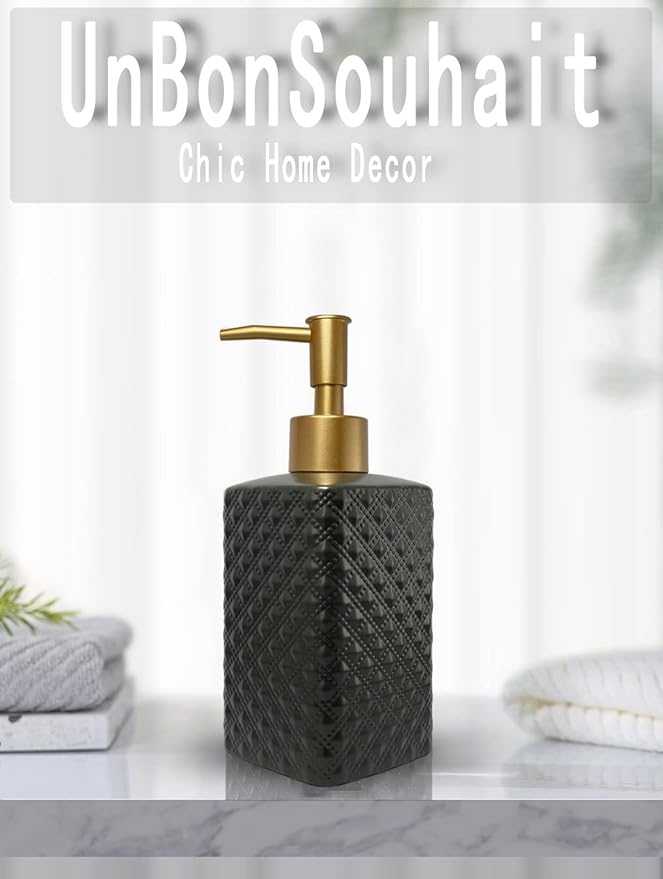 Gold Soap Dispenser for Bathroom,Black Square Lotion Dispenser, Refillable Countertop Ceramic Hand Soap Dispenser,Dish Soap Dispenser for Kitchen 350ml(Black Square Bottle)