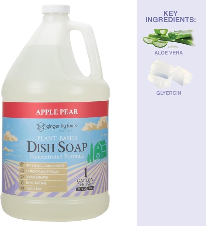 Ginger Lily Farms Botanicals Plant-Based Liquid Dish Soap, Concentrated Formula with Max Grease Cleaning Power, Cruelty-Free, Apple Pear Scent, 1 Gallon Refill (128 Fl. Oz.)