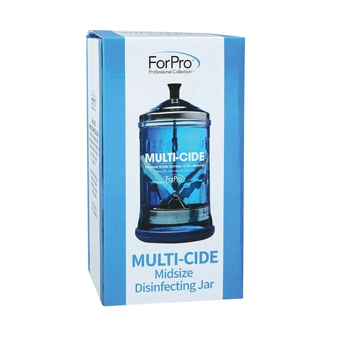 ForPro Professional Collection Multi-Cide Midsize Disinfecting Jar, Disinfectant Glass Jar for Manicure & Spa Implements, 21 Ounces