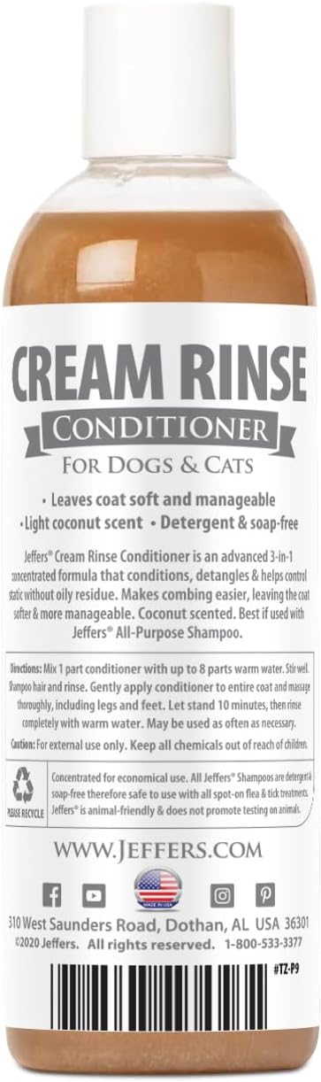 Jeffers Pet Cream Rinse 3 in 1 Conditioner – Moisturizing & Detangling Formula for Dogs & Cats, Coconut Oil Infused, Light Scent, Soap Free, Professional Grooming Made in USA – 17 oz