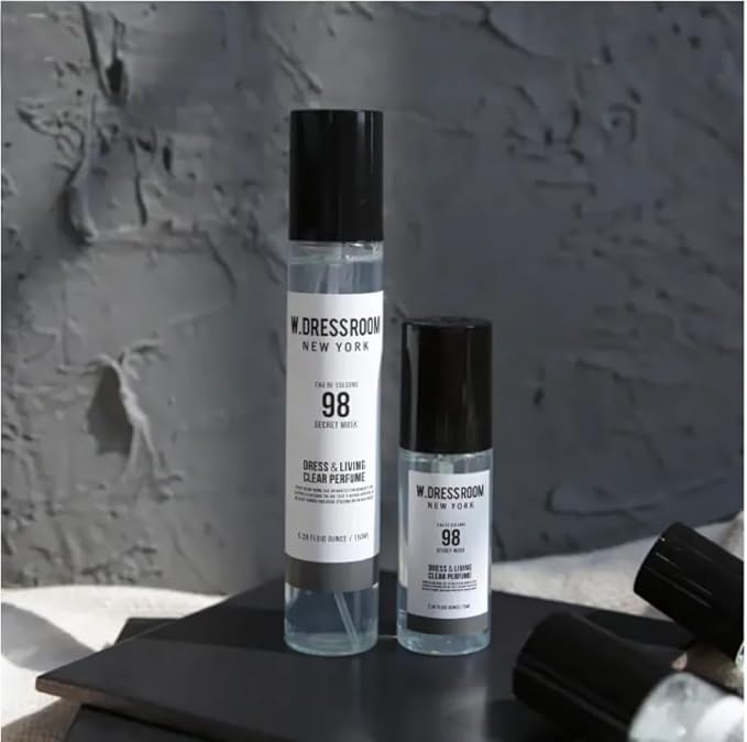 W.Dressroom No.98 Secret Musk Living Clear Perfume, Body Mist & Fabric Spray Deodorizer, Alcohol-Free Water-Based, Odor Neutralizer for Clothes, Bedding & Room, Travel Size 2.36 oz