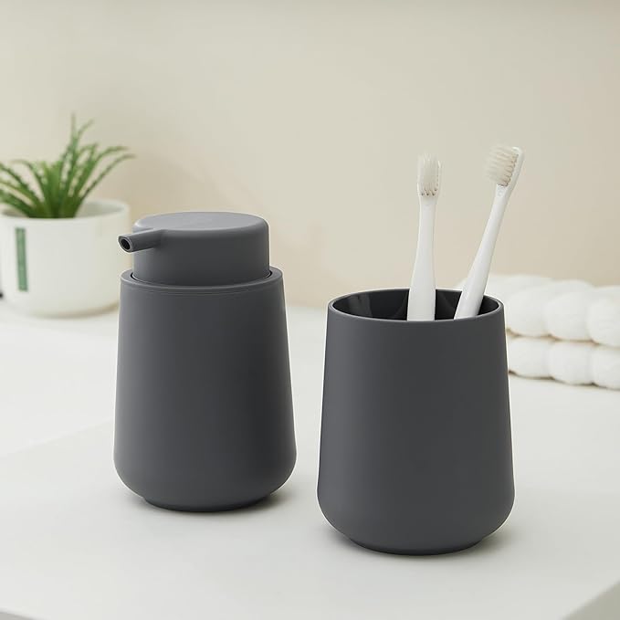 Matte Gray Foaming Hand Soap Dispenser Plastic 11 oz - Modern Minimalist Style for Bathroom & Kitchen Countertop Refillable