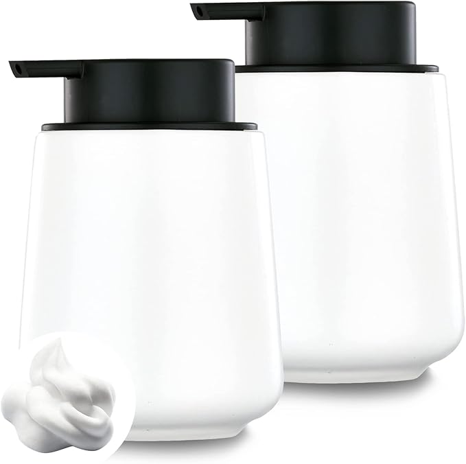 12Oz White Foam Soap Dispenser - Ceramic Foaming Hand Soap Dispenser Set with Easy-to-Press Pump, Refillable Liquid Dish Soap Dispensers for Bathroom and Kitchen, 2 Pack