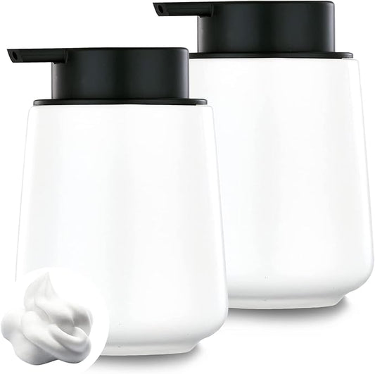 12Oz White Foam Soap Dispenser - Ceramic Foaming Hand Soap Dispenser Set with Easy-to-Press Pump, Refillable Liquid Dish Soap Dispensers for Bathroom and Kitchen, 2 Pack