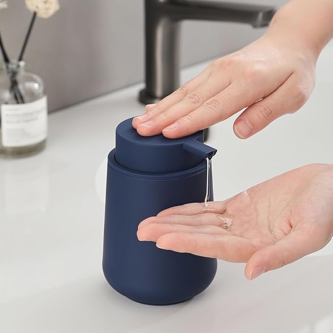 Matte Navy Blue Liquid Hand Soap Dispenser Plastic 11 oz - Modern Minimalist Style for Bathroom & Kitchen Countertop Refillable