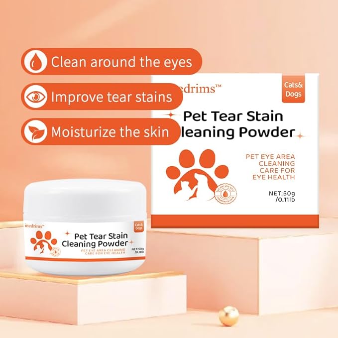 Tear Stain Remover Powder for Dogs and Cats with Brush, 100% Natural and Safe, Apply Around Eyes to Absorb and Repel Tears, Gentle & Effective Alternative to Dog Eye Drops