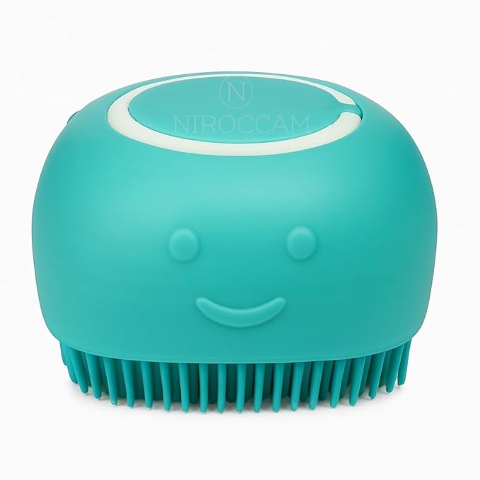 Pet Grooming Bath Brush Puppy Dog Cat with Shampoo Dispenser, Clean Soft Silicone Massage Rubber Bristles, Grooming Tool, 3 colors, Blue, Pink or Yellow (Blue)