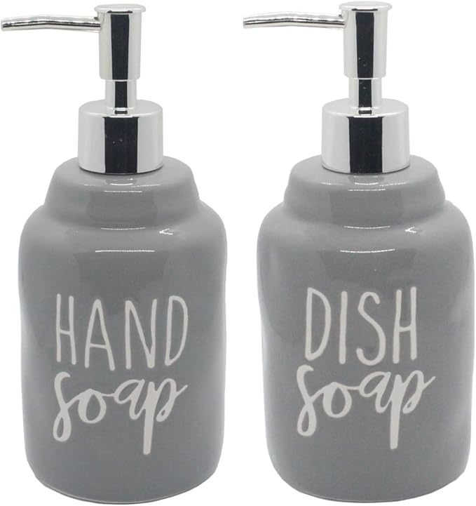 2 Pack Ceramics Hand Soap and Dish Soap Dispenser Set for Kitchen and Bathroom, Refillable Liquid Hand Soap and Premium Kitchen Soap Dispenser, Perfect for Counter Décor (Gray)