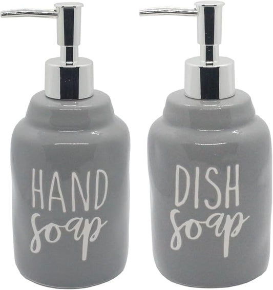 2 Pack Ceramics Hand Soap and Dish Soap Dispenser Set for Kitchen and Bathroom, Refillable Liquid Hand Soap and Premium Kitchen Soap Dispenser, Perfect for Counter Décor (Gray)