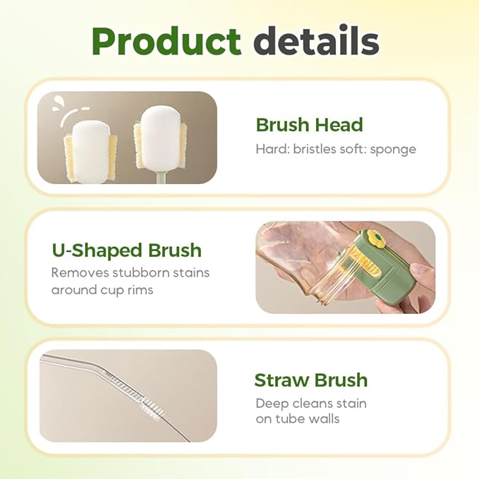 5 in 1 Bottle Cleaning Brush, 2025 New Travel Bottle Cleaner Kit, Long Handle Brush, Bottles Cleaner Brushes Set for Baby Bottles, Mugs, and Wine Glasses (2Mix)