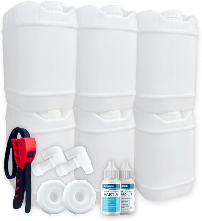 5-Gallon Stackable Water Storage Containers, Water Treatment,5 Gallons w/ 8 Lids + 2 Spigot, Easy Fill, Survial Supply Emergency Water Storage for Disaster Preparedness, 30 Gallon (6 Tanks)