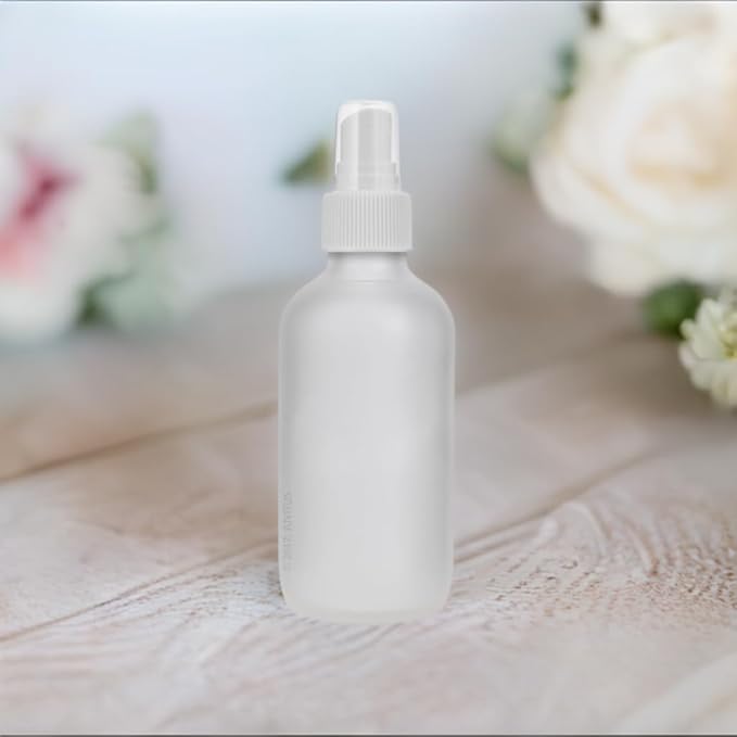 JUVITUS 4 oz Frosted Clear Glass Boston Round Bottle with White Fine Mist Sprayer (6 Pack) + Funnel