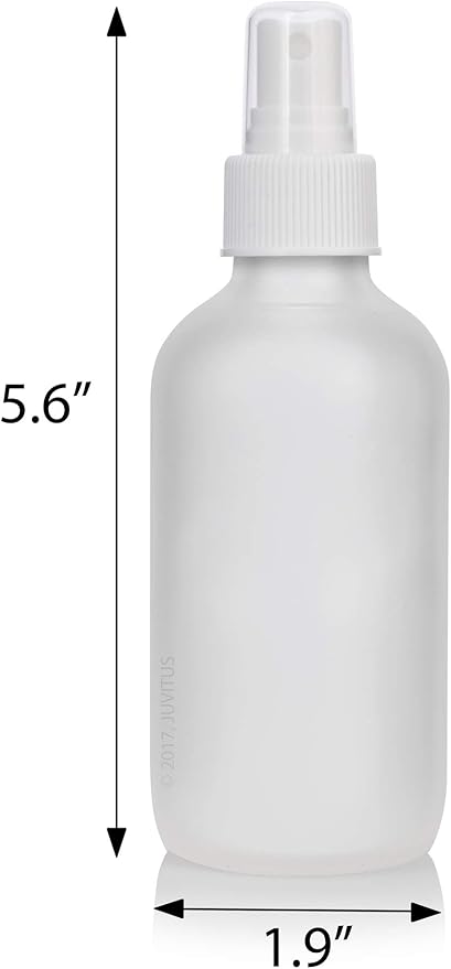 JUVITUS 4 oz Frosted Clear Glass Boston Round Bottle with White Fine Mist Sprayer (6 Pack) + Funnel