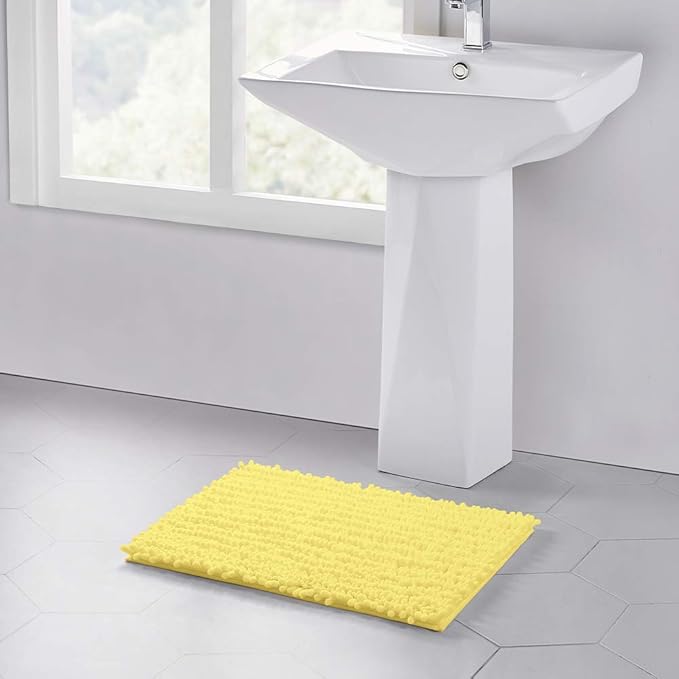 Walensee Bathroom Rug Non Slip Bath Mat (24x17 Inch Yellow) Water Absorbent Super Soft Shaggy Chenille Machine Washable Dry Extra Thick Perfect Absorbant Best Small Plush Carpet for Shower Floor