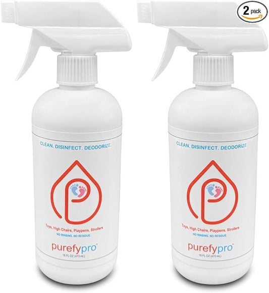 Purefypro Disinfectant Spray (16oz, 2pk) for Toys, High Chair, Playpen, Strollers - Kills 99.9999% E Coli, Norovirus, Flu Viruses, Viruses, MRSA, Bacteria, Fungi, No Rinse, No Residue