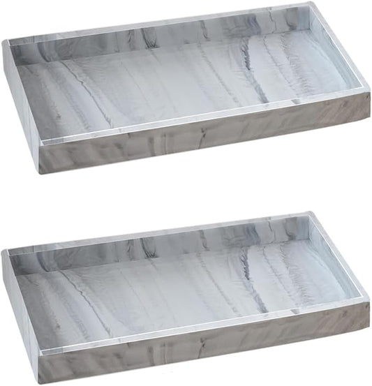 2PCS 7.87” L x 3.93” W Silicone Soap Dispenser Trays, Bathroom Sink Vanity Tray for Dresser Tops, Toilet, Tray for Scrubber, Lotion Bottles, Perfume, Jewelry, Candle, Key Trinket Ring-White Marble