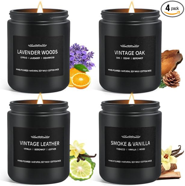 Scented Candle Set, Men Candle Set, Scented Candles for Home, Gifts for Men, 4 Pack Manly Christmas Candles Gifts for Mens Scents of Smoke Vanilla/Leather/Oak/Lavender Wood