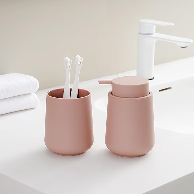 Matte Pink Liquid Hand Soap Dispenser Plastic 11 oz - Modern Minimalist Style for Bathroom & Kitchen Countertop Refillable