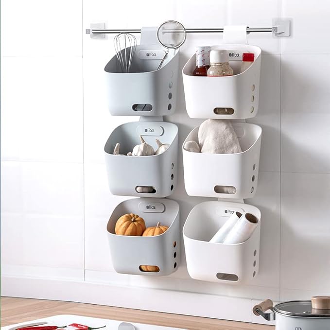 Plastic Hanging Basket Kitchen Storage organizer, Basket with Detachable hook, Hang it behind a door or on a railing, Over the Cabinet Door (Grey, Large-2 Pack)