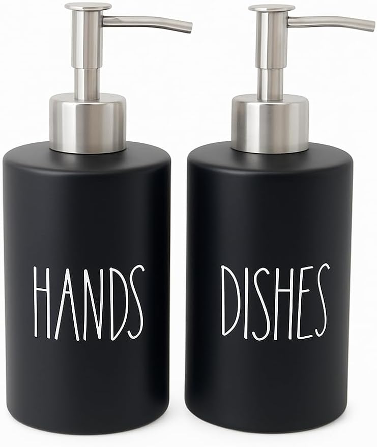 Modern Farmhouse Ceramic Dishes and Hands Soap Dispenser Set for Kitchen | Stainless Steel Pumps | 14oz, Black Bottles | Kitchen Décor for Counter