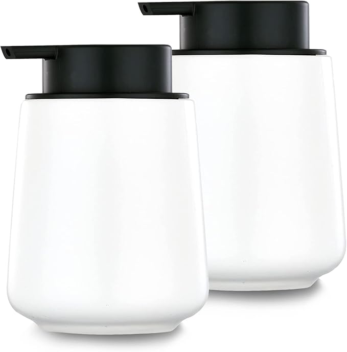 12Oz White Soap Dispenser Set - Ceramic Lotion Hand Soap Dispenser Set with Easy-to-Press Black Pump, Refillable Mordern Liquid Dish Soap Dispensers for Bathroom & Kitchen, 2 Pack