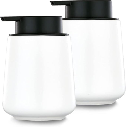 12Oz White Soap Dispenser Set - Ceramic Lotion Hand Soap Dispenser Set with Easy-to-Press Black Pump, Refillable Mordern Liquid Dish Soap Dispensers for Bathroom & Kitchen, 2 Pack