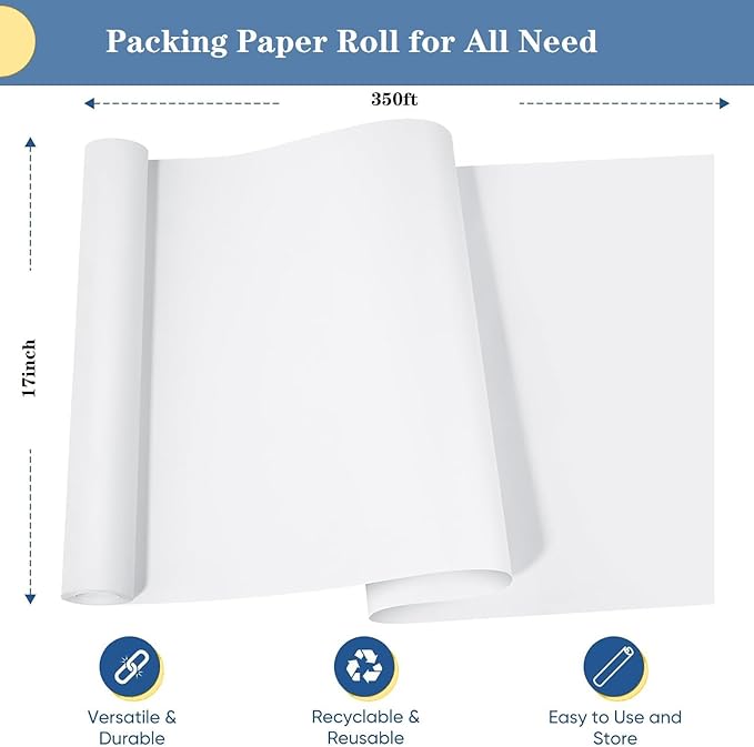 White Packing Paper Roll 17”W x 350'L Newsprint Paper Roll for Packing, Moving and Wrapping, Packaging Newsprint for Moving Supplies, Newsprint Paper for Sketching Crafting 1 Pack