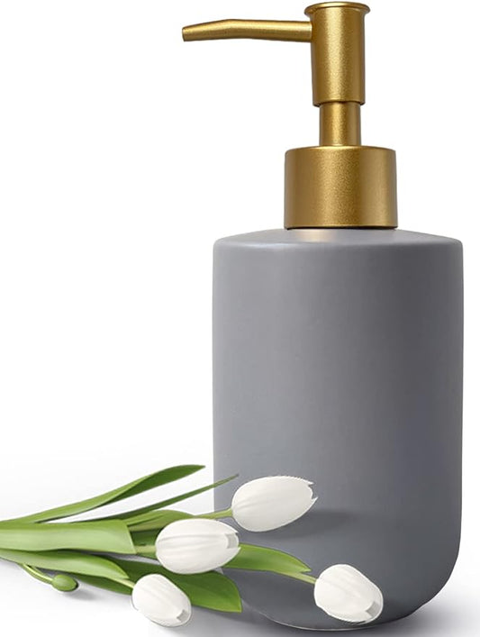 Gray Hand Soap Dispenser with Gold Pump for Bathroom and Kitchen, Refillable Countertop Lotion, 420ml Cylindrical Bottle