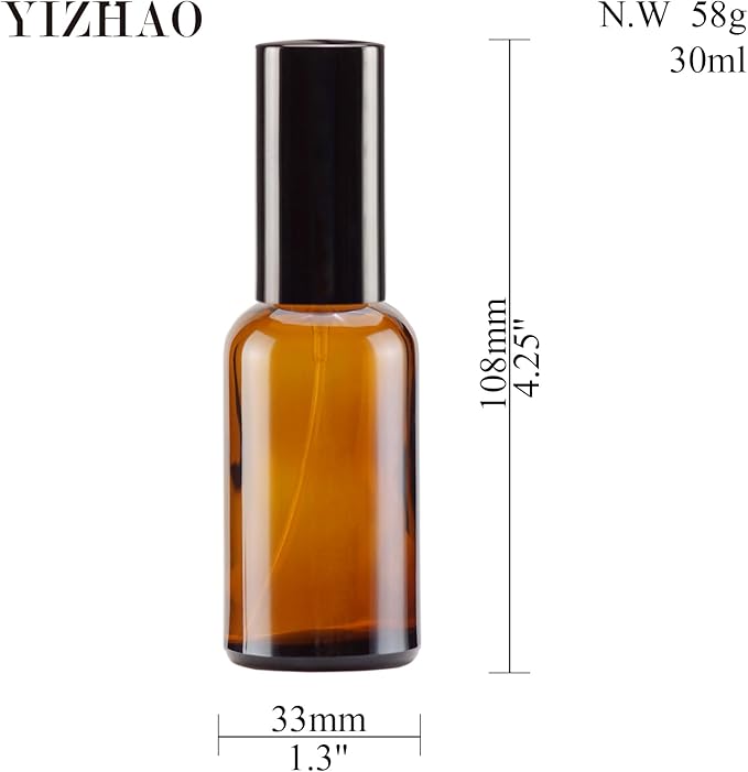 YIZHAO Amber Glass Spray Bottles 1oz, with Small Fine Mist Spray, Metal Cap, Refillable for Essential Oil,Travel,Cleaning,Perfume,Aromatherapy,Makeup – 12 Pcs