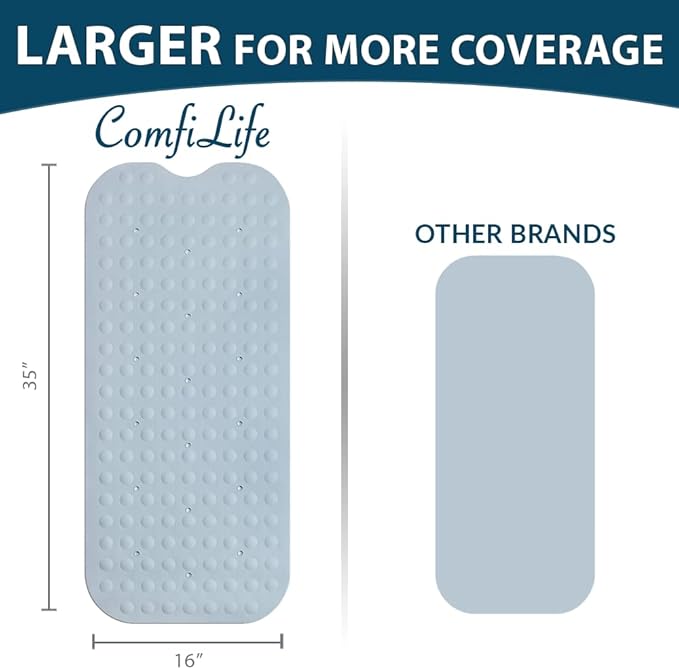 ComfiLife Bath Mat for Bathroom Tub and Shower – Non Slip Extra Large Bathtub Mat with Drain Holes & Suction Cups – Machine Washable Rubber Mats to Keep Bathtub Clean (Light Blue, Bubble 16" x 35")