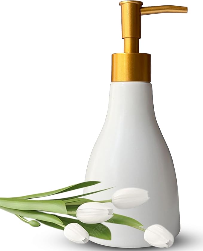 280ml Liquid Soap Dispenser for Bathroom with Gold Pump,Dish Dispenser for Kitchen,Refillable Countertop Lotion Dispenser, Ceramics White Hand Soap Dispenser(Cone White Bottle)