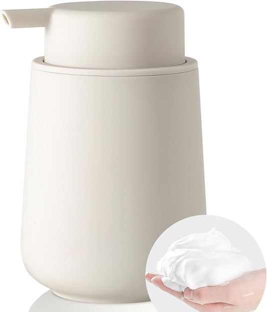 Matte Beige Foaming Hand Soap Dispenser Plastic 11 oz - Modern Minimalist Style for Bathroom & Kitchen Countertop Refillable