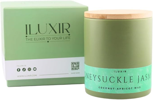 Honeysuckle Jasmine Scented Candle – Long Burning Fresh Floral Spring Fragrance with Lemon, Violet & Wood – Hand-Poured Coconut-Apricot Wax, Non-Toxic, Cruelty-Free – 13 oz with Bamboo Lid