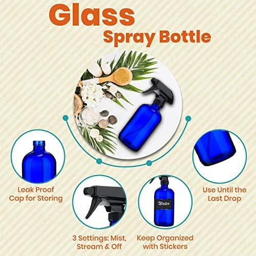 Blue Glass Spray Bottles For Cleaning Solutions (4 Pack) - 16 Ounce, Refillable Sprayer for Essential Oil, Water, Kitchen, Hair. Durable Black Trigger Sprayer w/Mist and Stream Settings (Blue)