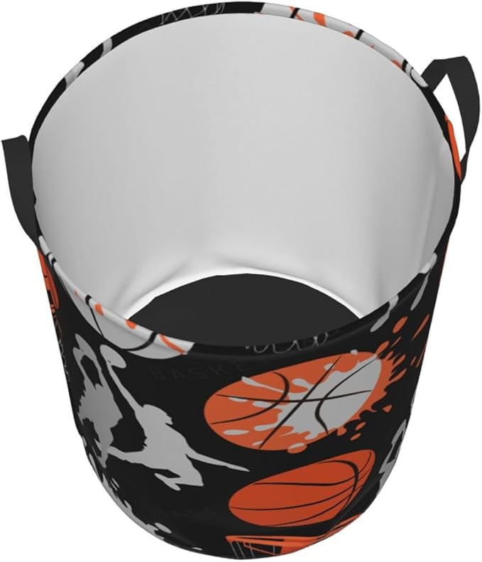 Basketball Sport Theme Laundry Hamper Bag With Waterproof Liner - Round Laundry Basket Foldable Clothes Storage Organizer For Bathroom Bedroom Nursery Dorm, S-16.5"X 13.8"
