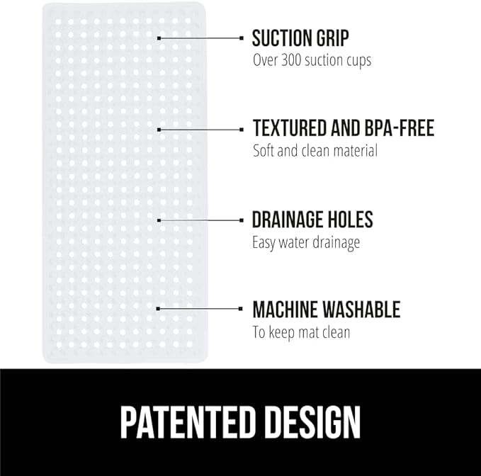 GORILLA GRIP Patented Bath Tub Shower Mat, Machine Washable Bathtub Floor Liner Mats, Suction Cups and Drain Holes to Keep Tubs Clean, Soft on Feet, Bathroom Essentials, 35x16 Inch, White