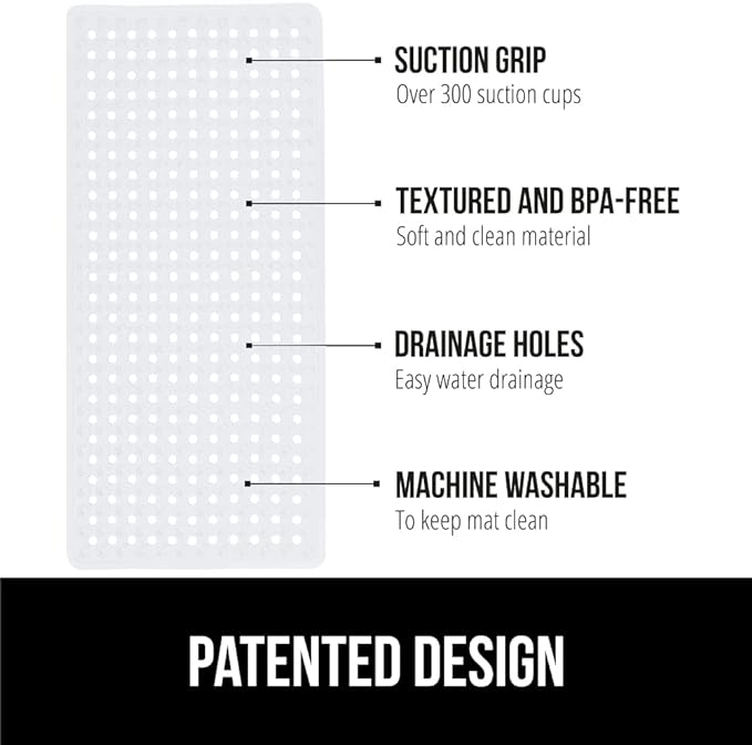 GORILLA GRIP Patented Bath Tub Shower Mat, 2 Pack, Machine Washable Bathtub Floor Liner Mats, Suction Cups and Drain Holes to Keep Tubs Clean, Soft on Feet, Bathroom Essentials, 35x16 Inch, White