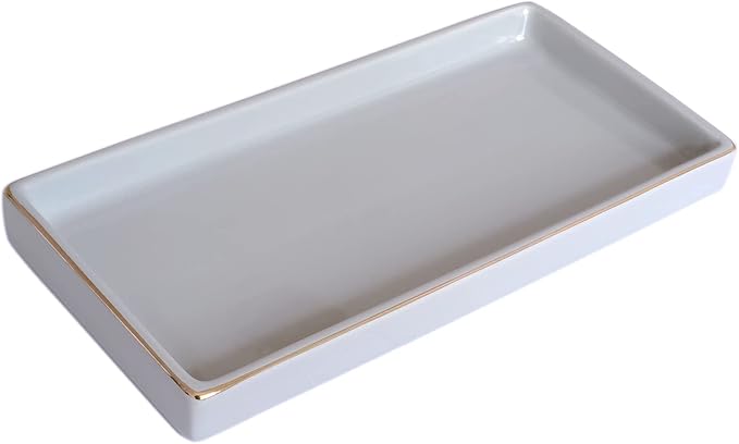 10 x 5 Ceramic Bathroom Tray for Countertop, Decorative Vanity Tray for Dresser Tops, Small Rectangular Trays for Perfume, Candle, Jewelry, Cosmetics (Gray)