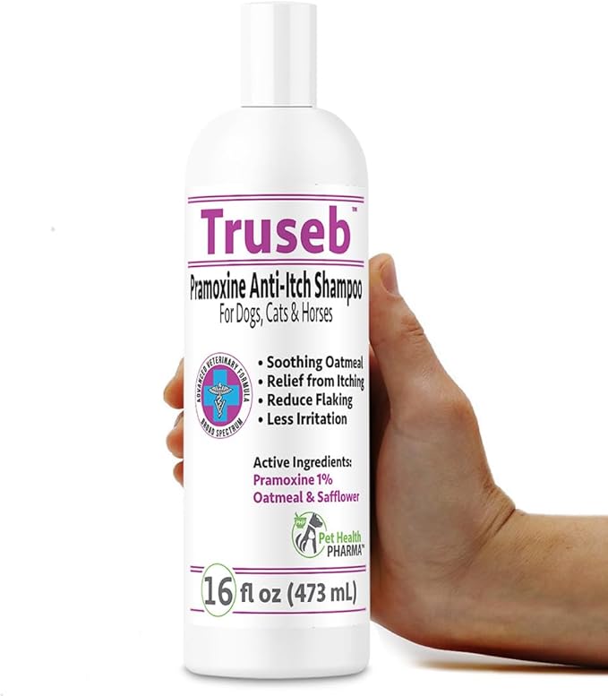 Truseb | Pramoxine 1% Shampoo for Itching Shampoo for Dogs and Cats with Eczema Relief from Scratchy, Itchy, Dry Skin, Hot Spots Moisturizing Oatmeal (Pramoxine 1% Shampo, 16 Oz)