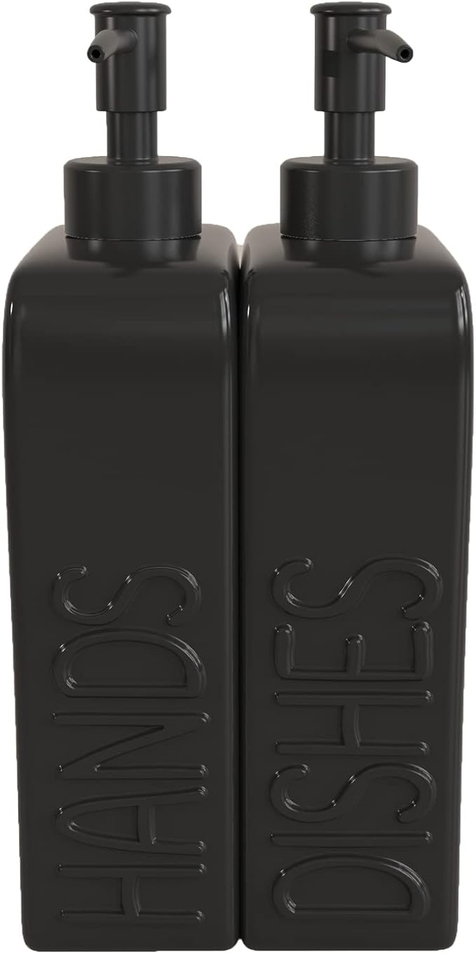 Ceramic Soap Dispenser Set, 2 Pack Kitchen Dispenser with Funnel, Non-Slip Silicone Pads, Liquid Hand and Dish Soap for Kitchen, Bathroom, Matte Black