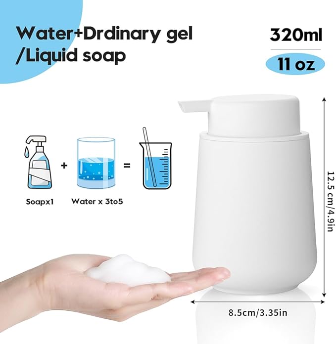 Matte White Foaming Hand Soap Dispenser Plastic 11 oz - Modern Minimalist Style for Bathroom & Kitchen Countertop Refillable