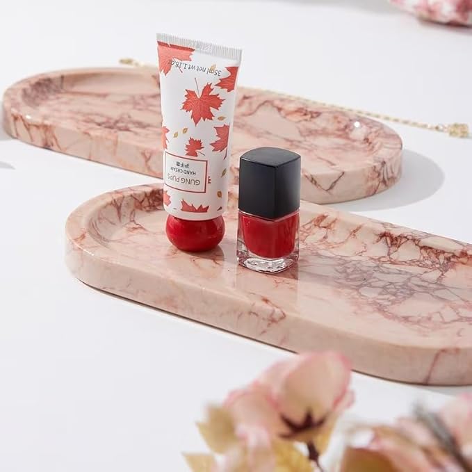 Natural Marble Tray, Oval Vanity Decorative Tray for Bathroom Counter, Countertop Stone Organizer, Catchall Tray for Kitchen, Perfume, Candles, Jewelry Dish Decorative Tray