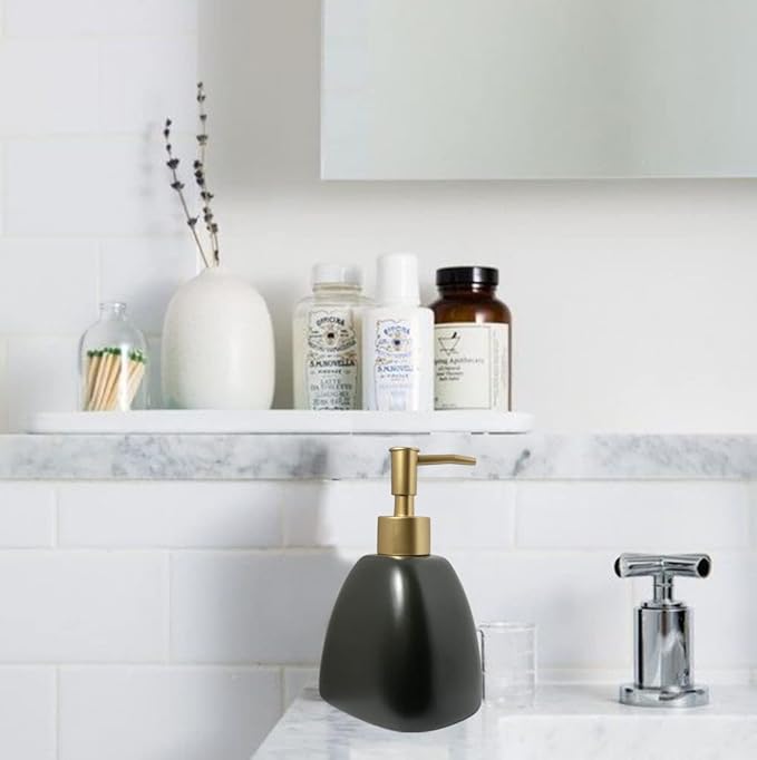 Liquid Soap Dispenser for Bathroom with Gold Pump，Dish Soap Dispenser for Kitchen，Refillable Countertop Lotion Ceramics Black Hand Soap Dispenser for Shower 430ml (Pyramid Matt Black Bottle)